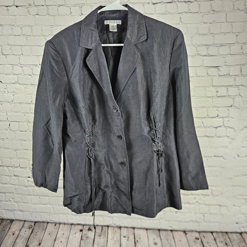 Preston & York Silk Linen Lace Up Side Blazer Jacket Black Womens 18